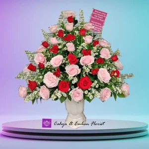 Bunga Meja Mawar Merah Pink Muda - Karangan Bunga Papan Table Flower Bogor